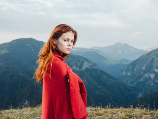 woman with red plaid Cool air mountains nature