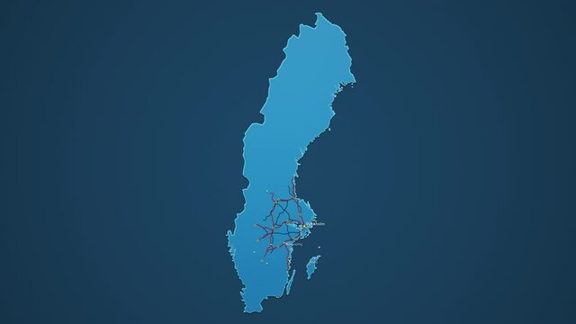 Light blue map of Sweden with cities, roads and railways on a dark blue background. 4K Animation with alpha channel