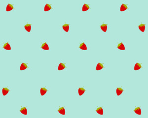 Seamless red strawberries on green mint background. Fresh fruity pattern. Hand drawing vector illustration.