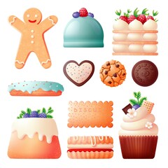 Cookies and cakes. Sweet biscuit, cookie birthday and christmas. Bakery food, gingerbread and chocolate dessert. Creamy pastry swanky vector set