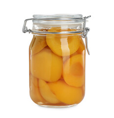 Glass jar with canned peach halves isolated on white