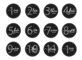 Vector set of stickers for children from birth to one year with smooth line calligraphy. It can be used for photo shoots stickers for nursery cards, posters, invitations