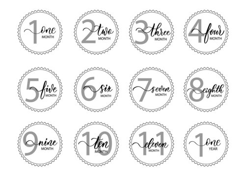 Vector set of stickers for children from birth to one year with smooth line calligraphy. It can be used for photo shoots stickers for nursery cards, posters, invitations