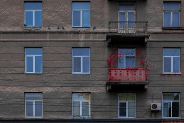 grunge old building wall background texture windows and air conditioner old and dirty object of post USSR times