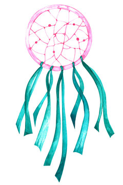 A watercolor dream catcher, hand-drawn for your product design. Dream catcher with green ribbons.