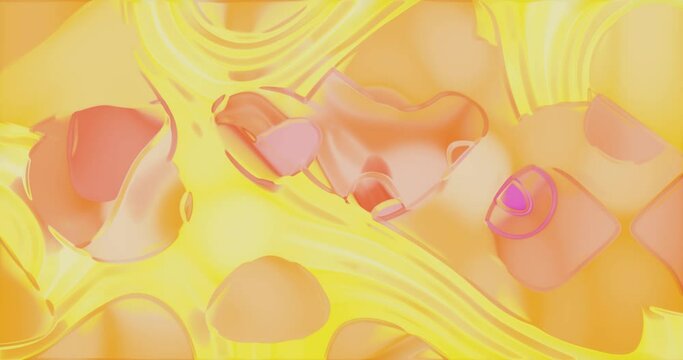 Simple abstract background of liquid shapes in pastel colors. An endlessly looped backing of flowing paint in caramel pink and yellow colors.