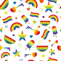 Lgbt seamless pattern with colorful rainbow, icecream, watermelon, star, heart vector illustration. Lgbtq people rights concept. Pride community related elements on black background fabric, textile