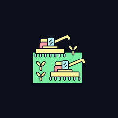Mechanized agriculture RGB color icon for dark theme. Using of equipment and implement in farming. Isolated vector illustration on night mode background. Simple filled line drawing on black