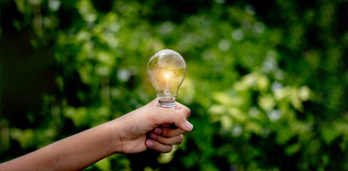 Hand holding light bulb,natural energy and love the world concept.	