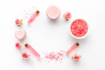 Pink rose aroma oil and sea salt with spa treatment cosmetic for skin care