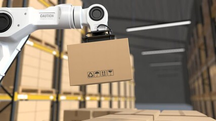 The Robot arm picks up the cardboard box in the warehouse, Automation robot arm in the storehouse