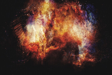 beautiful shamanic girl on abstract structured space background.