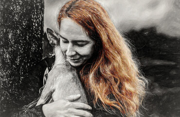 woman with a little dog in her arms. Painting effect.
