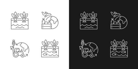 Agribusiness linear icons set for dark and light mode. Farm business risks and failures. Certified goods. Customizable thin line symbols. Isolated vector outline illustrations. Editable stroke