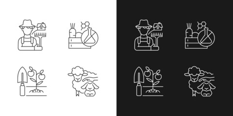 Agriculture and farming linear icons set for dark and light mode. Ecological innovation and technology. Customizable thin line symbols. Isolated vector outline illustrations. Editable stroke