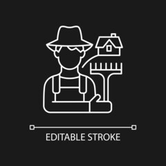 Rural workers white linear icon for dark theme. Man stands near barn. Labourer with tool. Thin line customizable illustration. Isolated vector contour symbol for night mode. Editable stroke