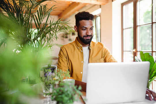 Young man with laptop and coffee working indoors, home office concept.