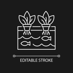 Aquaponics white linear icon for dark theme. Aquaculture plus hydroponics. Innovative ecosystem. Thin line customizable illustration. Isolated vector contour symbol for night mode. Editable stroke
