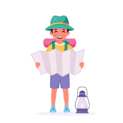 Little boy scout with map, backpack, sleeping bag. Camping concept. Summer kids camp. Vector illustration