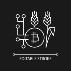 Blockchain technology in agriculture white linear icon for dark theme. Innovative payment option. Thin line customizable illustration. Isolated vector contour symbol for night mode. Editable stroke