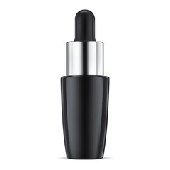 Cosmetic serum bottle. Collagen essence dropper bottle, vector template. Blue glass q10 moisture gel packaging with pipette. Face hydrating essential lotion, luxury beauty oil droplet