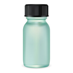 Essential oil glass container, small serum mockup, vector blank. Realistic supplement vial with black screw cap. Aromatherapy flacon concept, apothecary syrup, medical drug