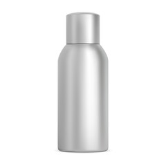 Aluminium spray bottle. Cosmetic aerosol, hairspray metal tube, deodorant container design. Silver tin illustration design, isolated antiperspirant product, refresher or paint