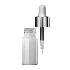 Glass dropper bottle, isolated serum container mockup. Realistic medical vial, eyedropper flacon template, moisturizer tube, facial essence design. Realistic nasal drop medicine