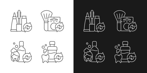 Reusable options linear icons set for dark and light mode. Mascara refill. Shampoo for hair care. Mouth wash. Customizable thin line symbols. Isolated vector outline illustrations. Editable stroke