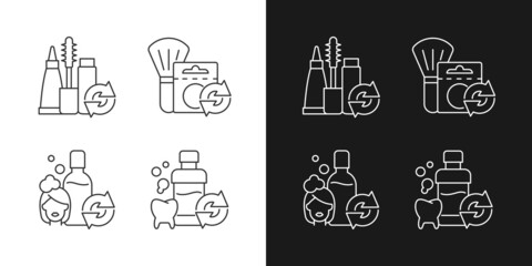 Reusable options linear icons set for dark and light mode. Mascara refill. Shampoo for hair care. Mouth wash. Customizable thin line symbols. Isolated vector outline illustrations. Editable stroke