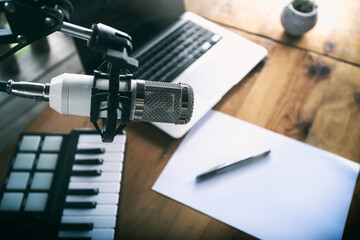focus at condenser microphone in music studio, Musical instrument Concept.