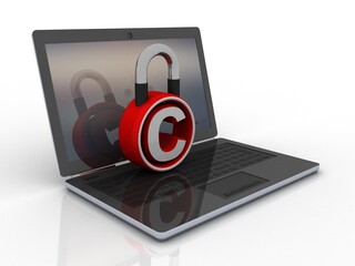 3d illustration copyright symbol lock in laptop