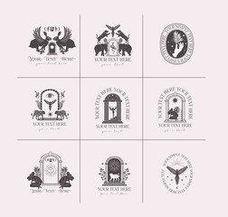 Collection of logotype with wild animals, mythology creature, plants and astrology elements. Editable vector illustration.