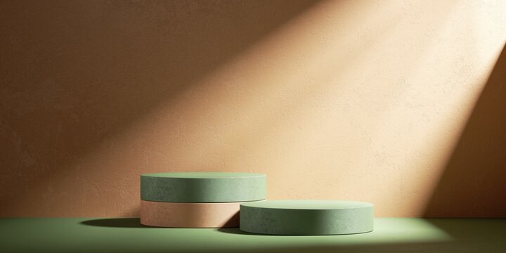 3d render, abstract terracotta background with empty green cylinder podiums for product presentation, illuminated with the sunlight rays