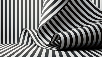 3d render, abstract fashion background with folded textile ribbon or paper with black and white lines