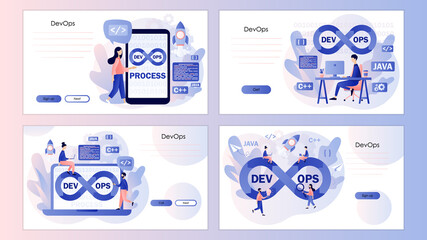 DevOps concept. Tiny programmers  practice of development and software operations. Screen template for landing page, template, ui, web, mobile app, poster, banner, flyer. Vector illustration - obrazy, fototapety, plakaty
