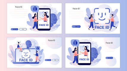 Face recognition using a laser ID. Tiny people scans face use smartphone or laptop. Data security. Screen template for landing page, template, ui, web, mobile app, poster, banner, flyer. Vector 