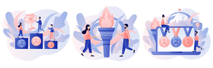Olympic games. Pedestal sport. Tiny people winners stand on athletic podium. Gold silver and bronze medals. Flame. Modern flat cartoon style. Vector illustration on white background