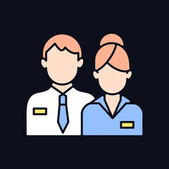 Company staff RGB color icon for dark theme. Man and woman in uniform. Official business representatives. Isolated vector illustration on night mode background. Simple filled line drawing on black