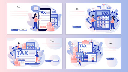 Online Tax payment. Business concept. Tiny people filling tax form and pay bills. Payment deadline. Screen template for landing page, template, ui, web, mobile app, poster, banner, flyer. Vector 