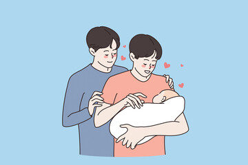 Relations and rights of homosexual partners concept. Happy smiling loving same sex couple men standing holding newborn baby adopting child to family vector illustration 