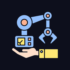 Machinery owning RGB color icon for dark theme. Robot arm. Hand holds mechanism. Industrial plant equipment. Isolated vector illustration on night mode background. Simple filled line drawing on black