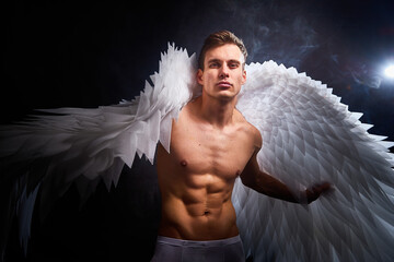 Handsome young athletic man with a bare torso who looks like an angel with white wings. Model...