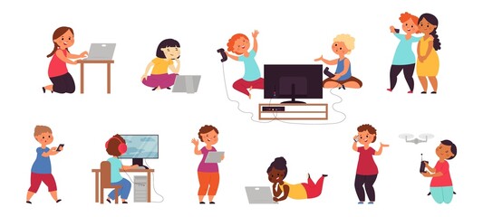 Kid playing computer. Happy friends play games, smartphone gaming. Young phone users, online video or social media addiction decent vector set © MicroOne