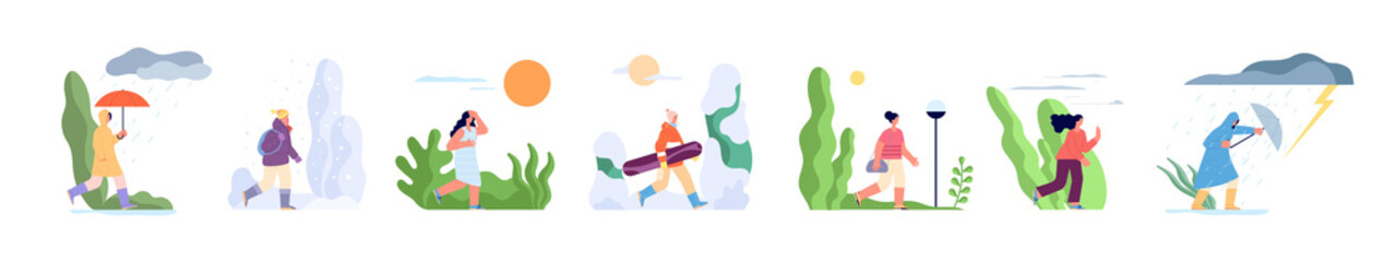 Various weather character. Season girl, human outdoor with umbrella. Raining autumn, summer winter walk. Windy cloudy day utter flat vector concept