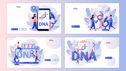 Fototapeta premium Genetic DNA Science. Tiny scientists investigating and testing DNA in laboratory. Big gene helix sign. Screen template for landing page, template, ui, web, mobile app, poster, banner, flyer. Vector 