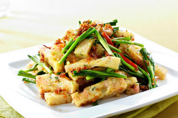 Delicious Chinese cuisine, fried meat with leeks