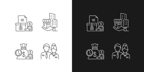 Building ownership linear icons set for dark and light mode. Account receivable. Business investment. Customizable thin line symbols. Isolated vector outline illustrations. Editable stroke