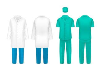 Realistic doctor suit. Nurse doctors uniforms, isolated clinic surgery clothes. Science lab coat, research shirt and pants vector set