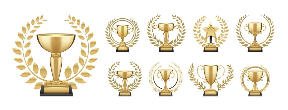 Golden trophy. Winner gold cup, realistic award with wreath. Sport competition, championship or leader. First place awards, anniversary isolated vector elements